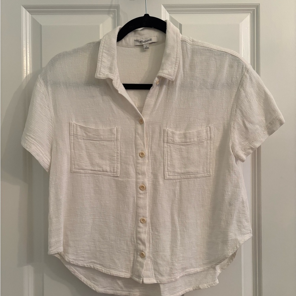 Madewell Linen Cream Short Sleeve Camp Collar Blouse